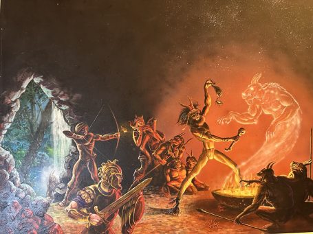 A dramatic scene depicting warriors in battle against a ghostly figure, with a cave in the background.